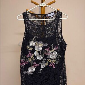 Jennifer Lopez Black Lace Sleeveless Top with Floral Crochet with Attached Tank